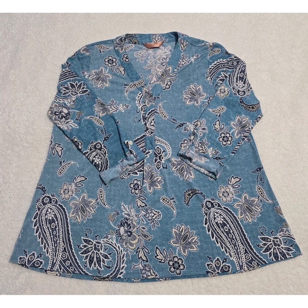 Amana Shirt Womens Large Blue Multicolor Paisley Print Blouse 3/4 Sleeve